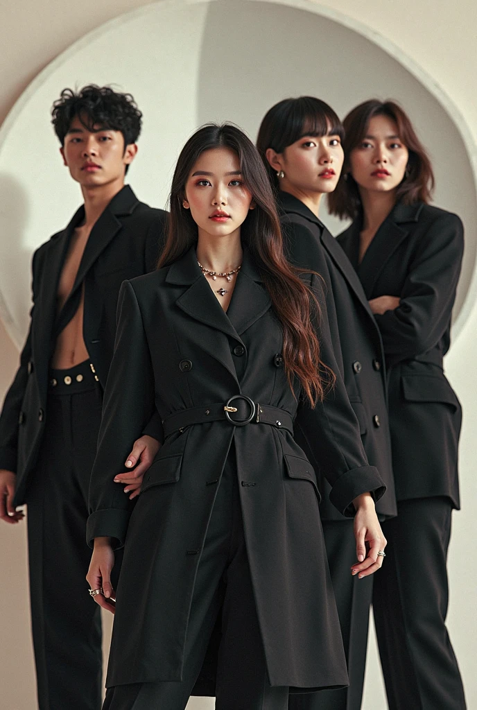 masterpiece, best quality, High resolution k, professional artwork, famous artwork, dramatic,Inspired by the 007 movie, movie lighting, beautiful eyes + detail, beautiful hair + detail,Golden ratio,perfect composition,1 young woman, (Perfect body:1.5), (business suit),((复杂的business suit、stripe、pattern、badge、hollow)),Deep V,性感的long legs,迷人的long legs,Thin waist and wide hips:1.3, long legs:1.3, on the bed, sexy lips, flowing hair,Very detailed,Tense atmosphere, ((dramatic氛围1:1.5)), night,on the bed, start from below,Two men standing behind the woman,Two men standing behind a woman