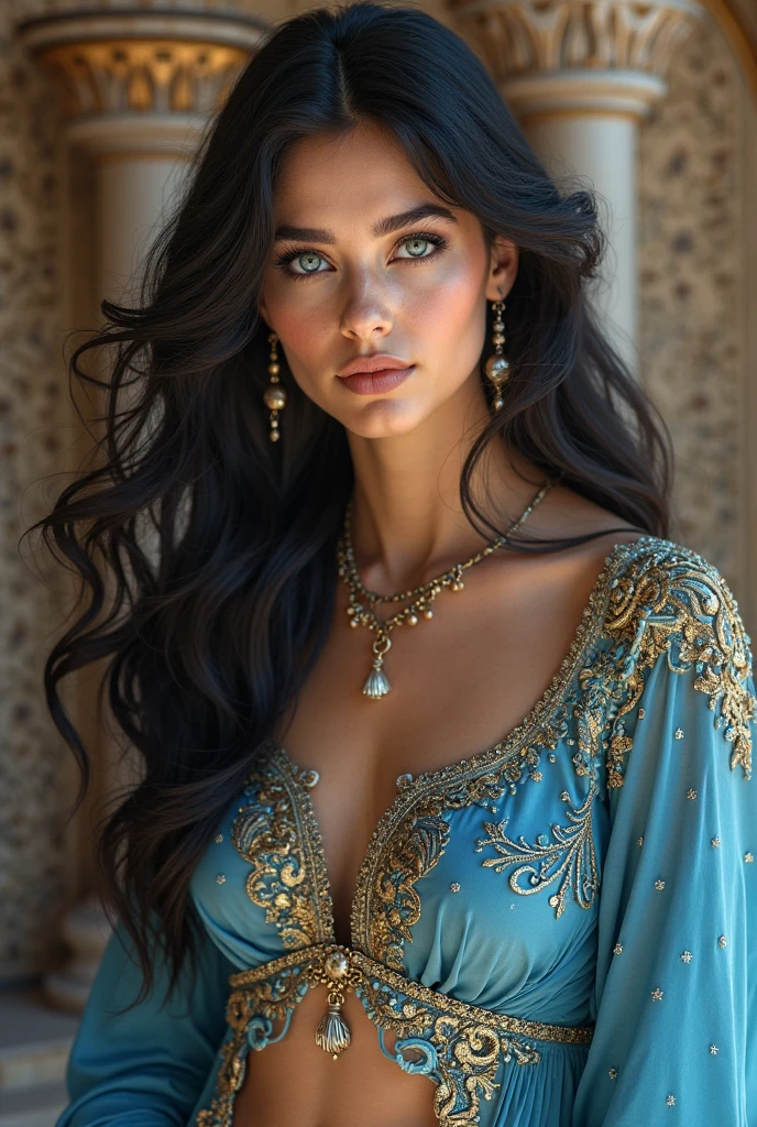 2 woman, long dark hair, light blue eyes, lightly tanned skin, breats C, sexy outfit, gold jewelery,