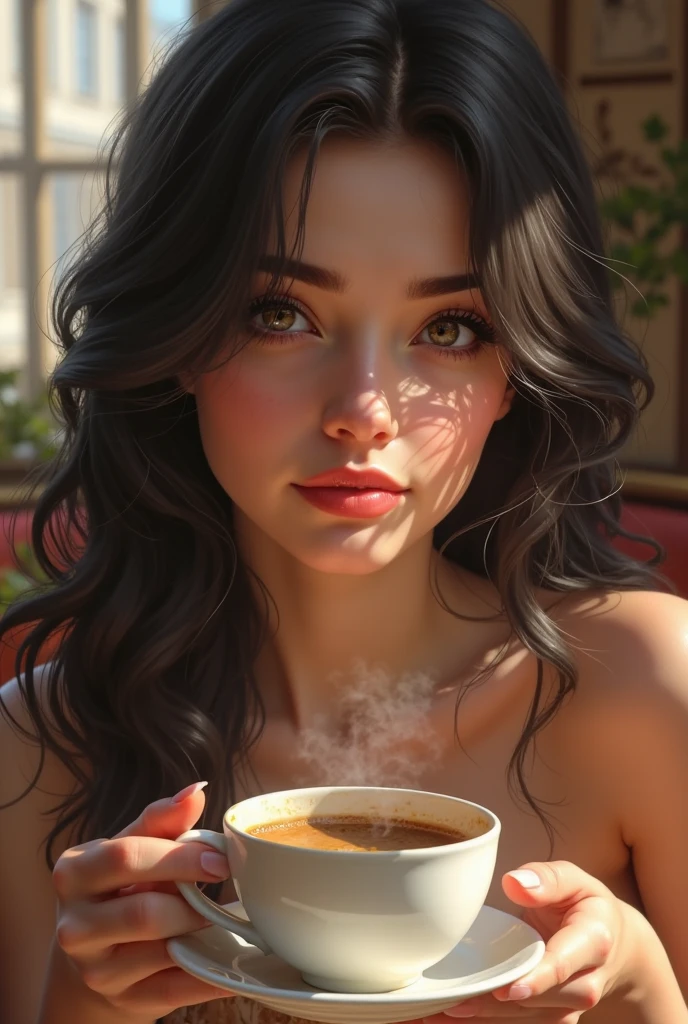A cute latin girl with dark hair drinking latte in a garden