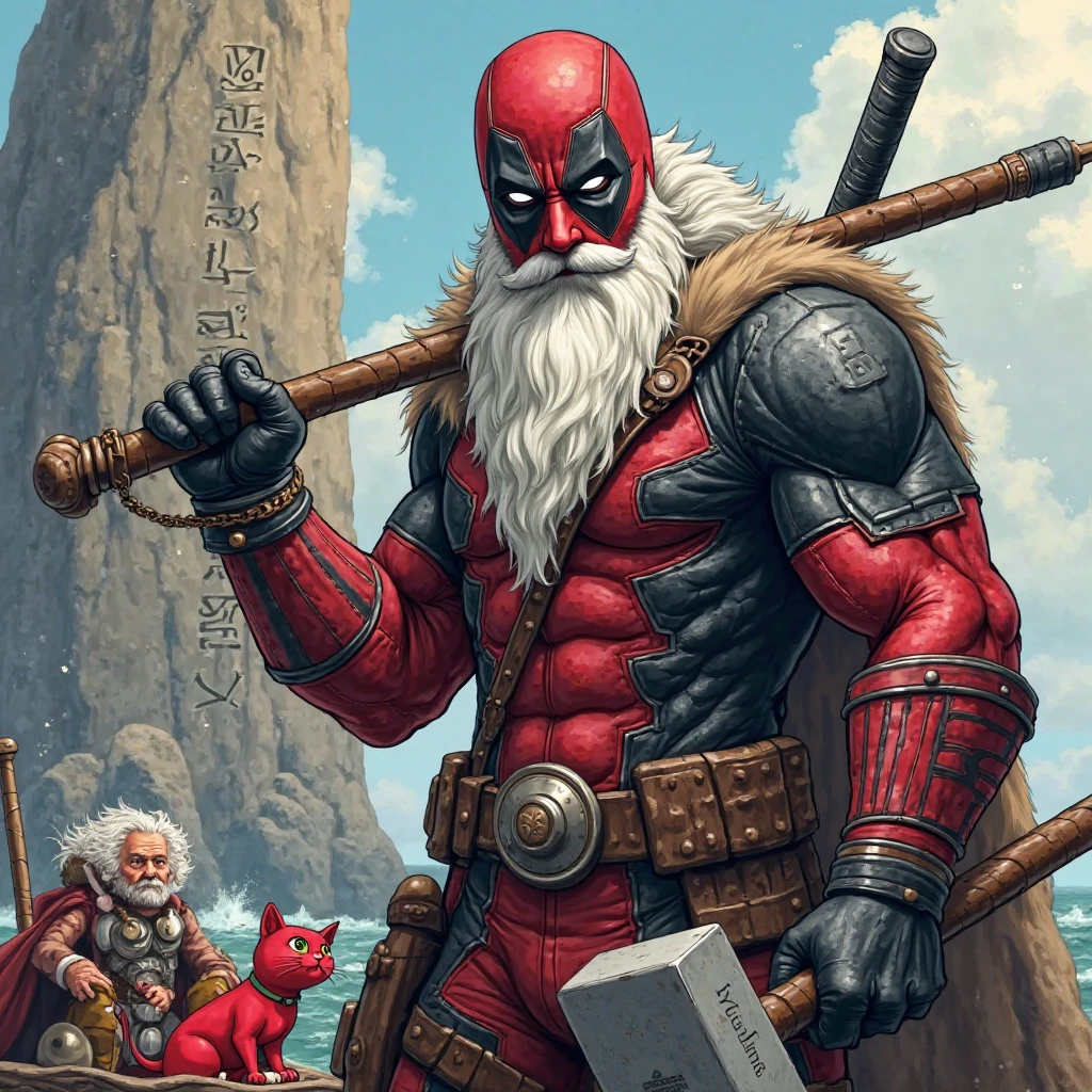 Create an image of Deadpool with a turtle shell and Master Roshi's beard