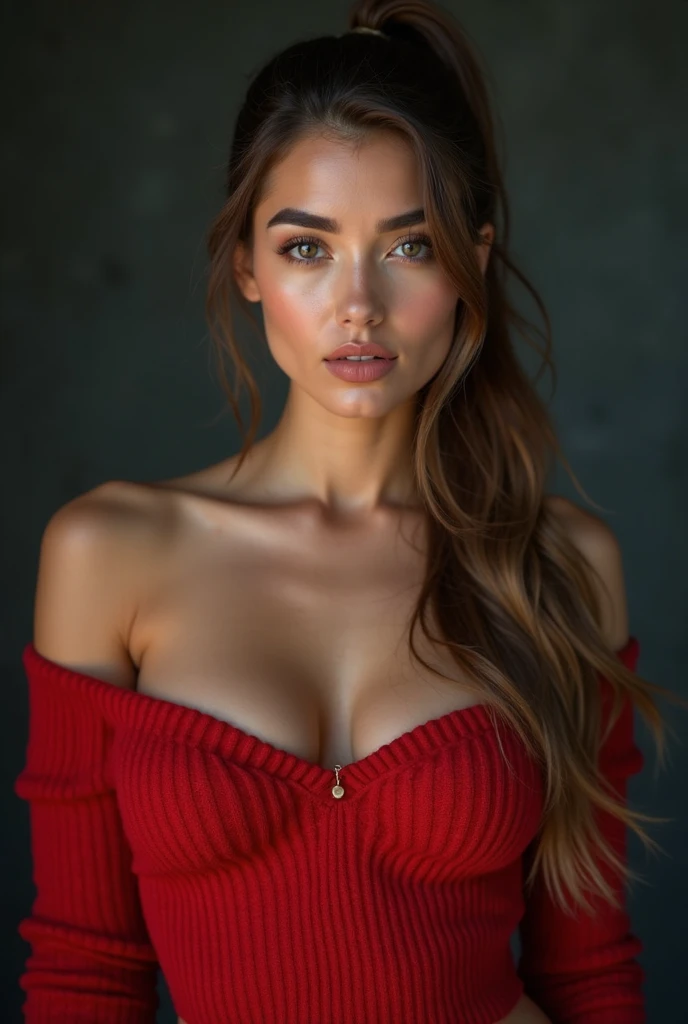 masterpiece:1.2, ultra-detailed, realistic, portrait, A beautiful porn actress model young woman with plump lips in her 40s, direct angle, slutty dress, piece of art, Best quality, (very detailed raw photo :1. 2), 8k arnald, Phil Haley style, model shooting, Midway, Supermodel, Model poses, loose hair, beautiful eyes, close-up photo, a high resolution, piece of art, (beautiful detailed eyes), (beautifully detailed face), Perfectly shaped body, (Ultra detailed), (absurd),  standing and looking directly into the camera, evening time, cozy style, sexy short dress, huge breasts, very hot woman, beautiful face, sexy gaze, smoky eyes, seductive gaze, high-resolution picture, Long hair, Colossal tits, Looking at Viewer, Bare shoulders, jewelry, a necklace, off shoulders, Sweaters, Realistic, 


