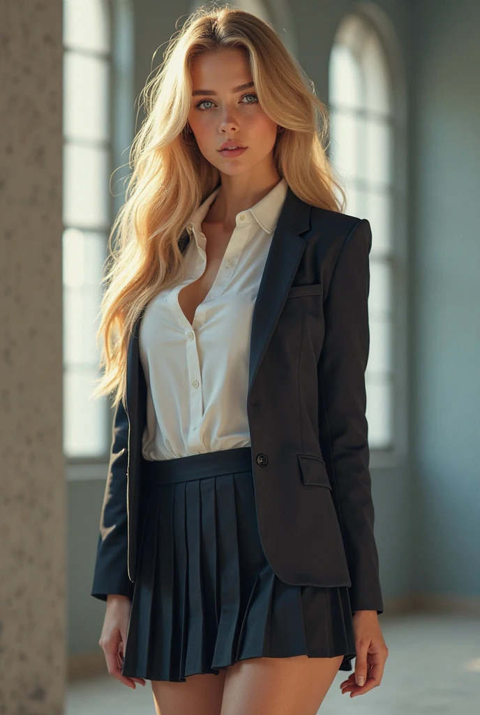 blonde woman in a tie and panties posing for a picture, girl in suit, sexy girl with long blonde hair, girl in a suit, sexy girl, hyperrealistic schoolgirl, blonde goddess, fully dressed, gorgeous young model, 2 4 year old female model, absolutely outstanding image, very pretty model, a hyperrealistic schoolgirl, beautiful blonde girl, looking hot