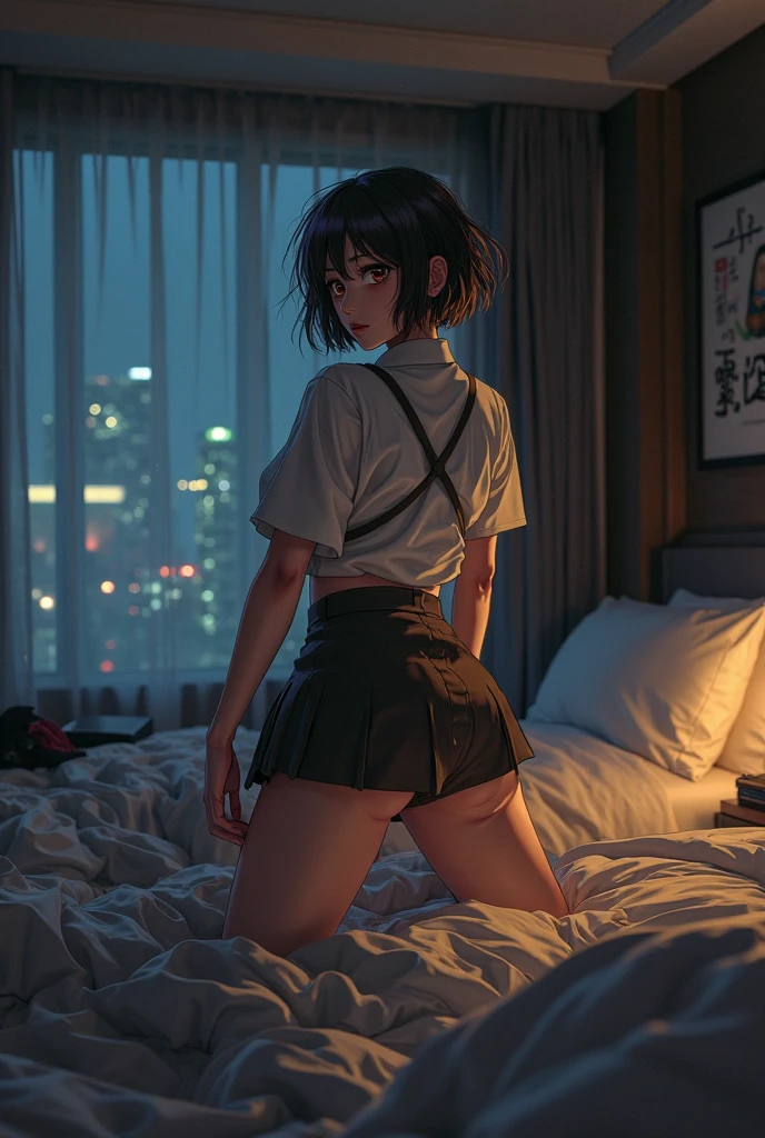 masutepiece, High quality, girl, Big clothes, Underwear with a small area, Comfortable clothing, Night, Sunset, Bleak interior, You can see the beautiful night view..,Distracting and messing with something,Thrust your butt up,underwear is soaking wet,sexual pose,Colorful hair color