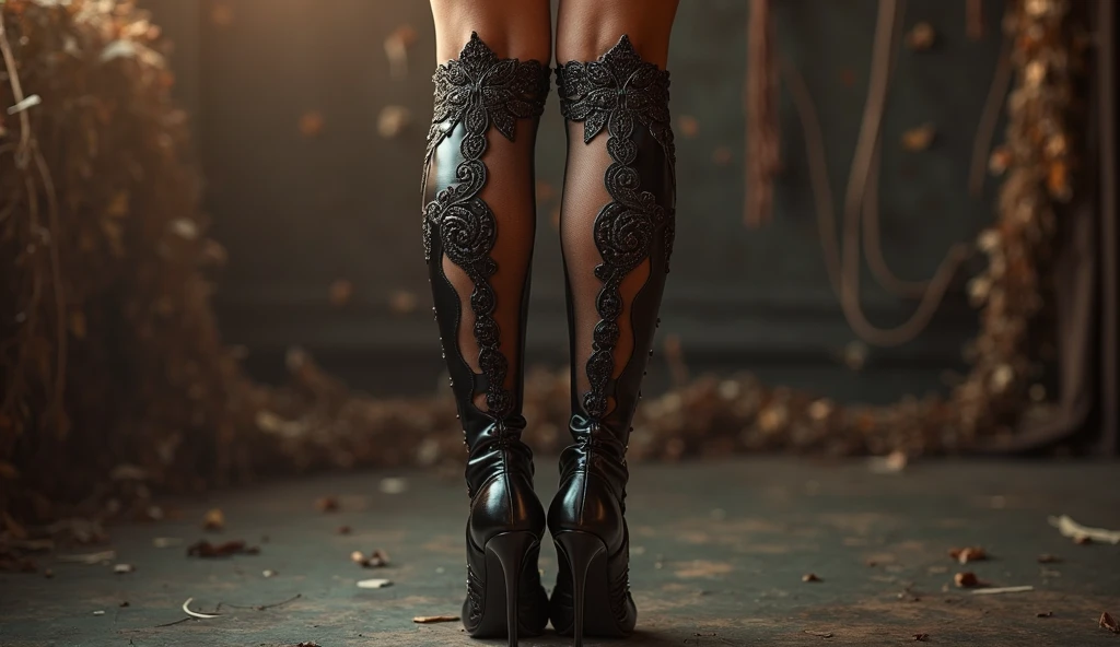 (best quality,4k,highres,masterpiece:1.2),ultra-detailed,sexy feet,(realistic,photorealistic,photo-realistic:1.37),black lace thigh-high stockings,black high-heeled sandals