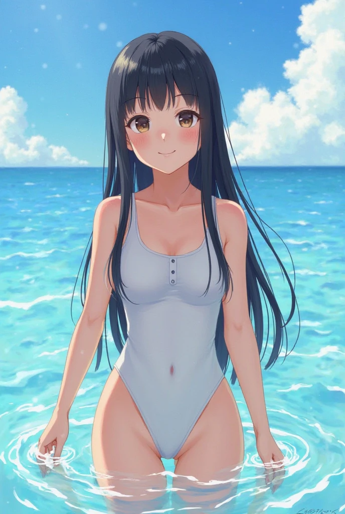 ((4K、8K、Highest quality、Perfect Fingers: 1.3、Perfect Anatomy: 1.3、Background Blur))、((、、small 、cute big droopy eyes、Straight Long Hair、Beautiful and slim girl、Black Hair))、(((White school swimsuit:1.3)))、(((Plain white school swimsuit:1.3)))、((White one piece swimsuit:1.3))、((See through:1.2))、((wet))、Long nipples、blush、(Smiling Kindly)、Shiny skin、super oily、Shiny skin with attention to detail、(Sweat)、Full body angle、School poolside、(no hat:1.3)