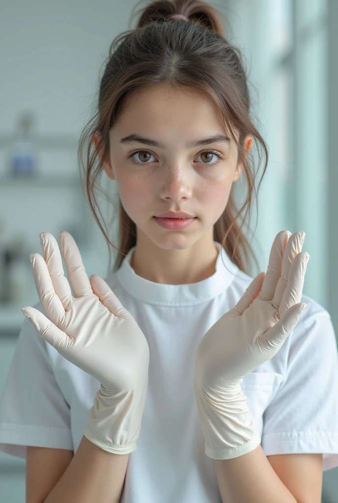 1 young girl, ((Gloves on the elbows)), ((surgical gloves)), ((rubber gloves)), ((long sleeves)) ((dentistа костюм)), I&#39;m looking at the viewer, ((dentist)), standing, One