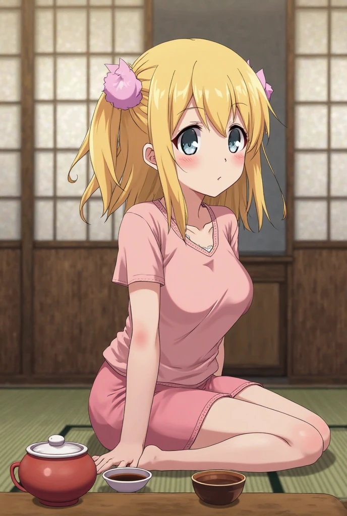 indoor,(night),Japanese-style room,steam,Rika Jougasaki,Yellow and orange hair hoop, yukata,undressing,pussy,orgasm, blush,,blush,(naked),((Small breasts)),((1boy,vaginale,Sex,,))