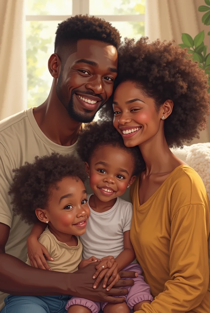 A white mother and a black father in a black cap, with a white boy with curly black hair in her arms. A young brunette daughter with curly hair on the left side, and another young white daughter with straight black hair, on the right side, happy