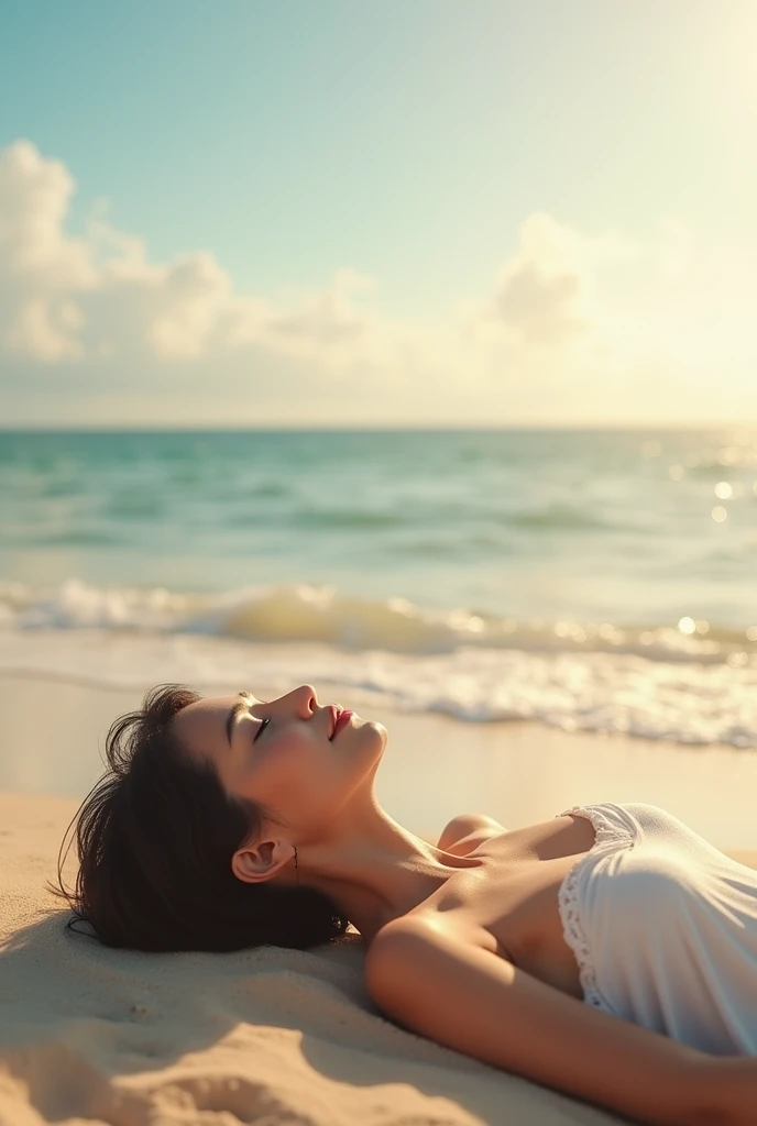 A radiant Malay woman, gracefully reclining in a state of natural beauty, with her luminous skin glowing under the warm sunlight. The image is a masterpiece of art, meticulously detailed in 8K resolution, showcasing every curve and contour of her perfect form. The background is a vibrant and lush tropical landscape, with the soft sound of waves gently lapping against the shore. The woman's eyes are closed in contentment, her hair cascading down her back in soft waves, a playful curl framing her delicate features. Despite the simplicity of the scene, the level of detail is unbelievable, with each individual strand of hair and the intricate