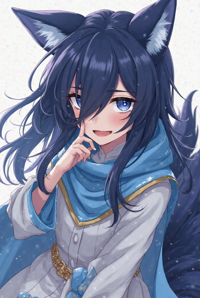 hair blue, hair between eyes, wavy hair, eyes black, ahoge, shy face, yandere, nude