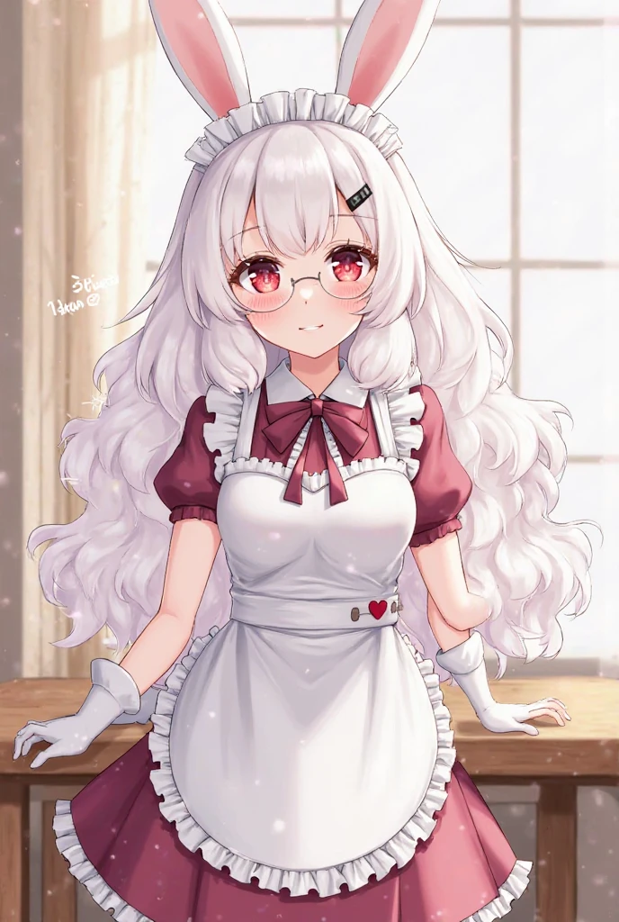 best quality,Optimal resolution,(Fluffy anthropomorphic furry :1.6),(young :1.6),White Rabbit Girl,Small Breasts,White hair,Long hair,curls,Curly hair,White rabbit ears,White rabbit tail,White fur,Red Eyes,Sparkling eyes,Shining eyes,Glasses,Bow,maid outfit,Maid headdress,Maid gloves,Ruffles,Beautiful cafe toilet,White light,Looking at the audience,Full flush,s face,Smile,heart shape eye,Heart shaped eyes,shiny ,Eyes very close,Close your eyes,Shy，toilet，坐在toilet上