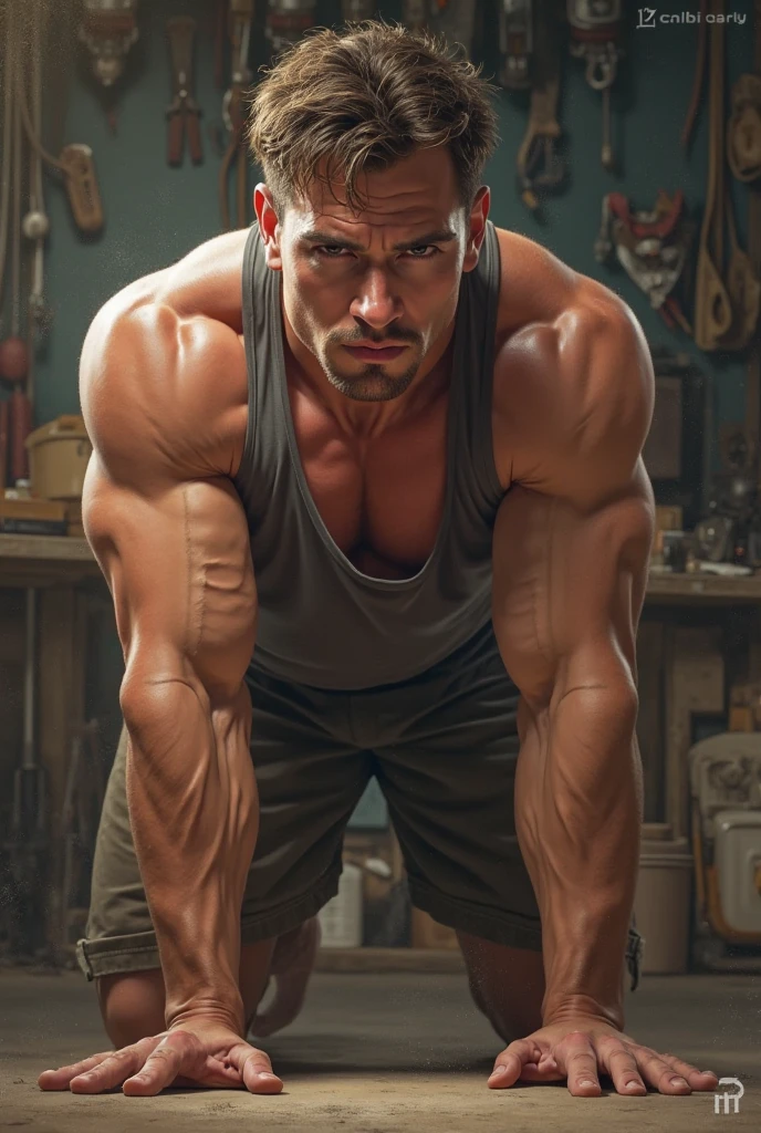 Man carving his own body in stone, with hammer and chisel in hand, sitting down, with large dumbbells around