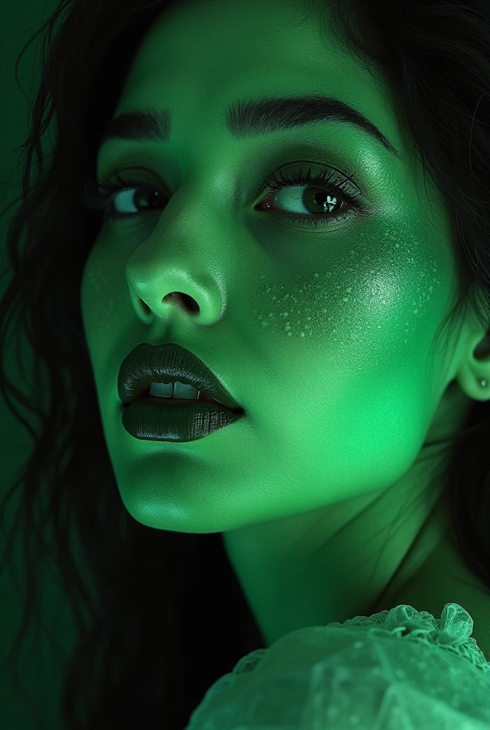 cinematic a pure average fair skinned woman gives herself to the floating dark magic which is slowly magically transforms her into a tempting green skinned wicked youthful enticing witch who have long sharp black painted nails ,and then she yell in happiness ,a green skin color begins spreading quickly all over her bare normal fair-skinned tone body which is making her skin tone entirely green ,happy at the end she is a cute green-skinned alluring glam bewitching sexy witch with her colored nails and lipstick