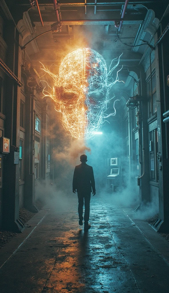  A man with ghost head in city with sunset



