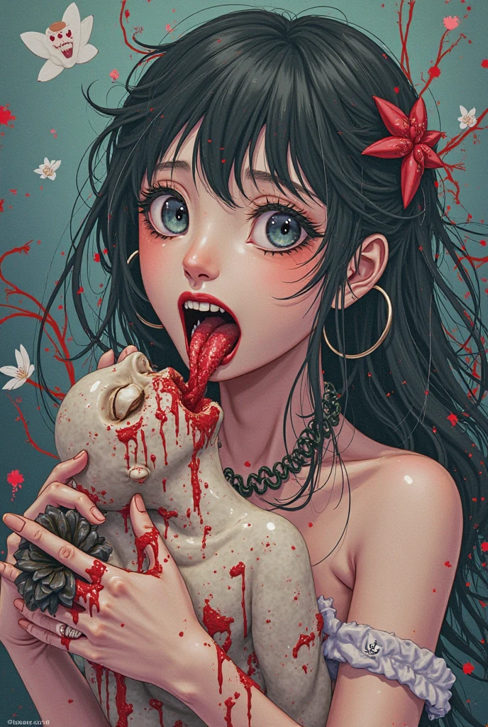An Anime masterpiece Zombie Strawberry.  Cinematic, terror, horror, Blood, eating a delicious and juicy strawberry, gothic