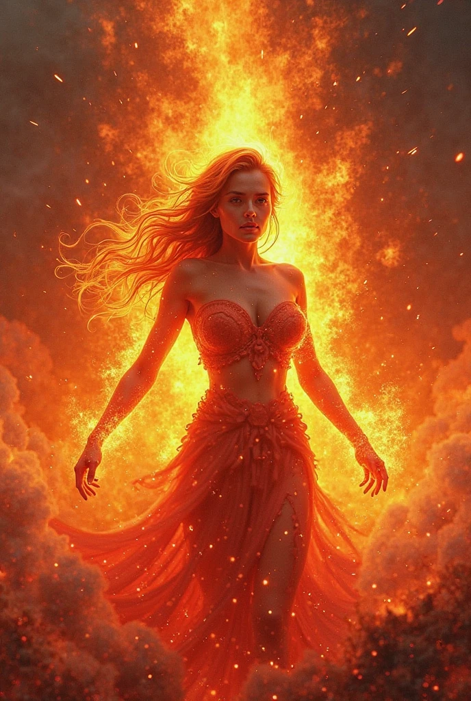The birth of Venus as a fire element painting (masterpiece) (illustration) (best quality)