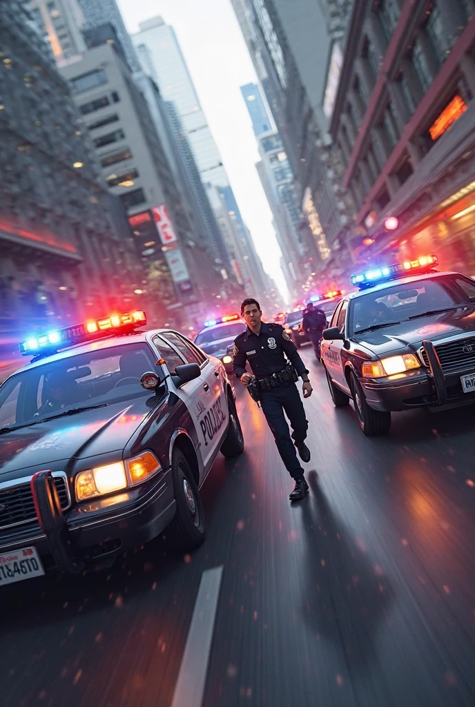 3D cartoon style image of police officers thrown into the air by a tornado, strong wind, dust and debris in the middle of a street, skyscrapers, cars are lifted by the force of the wind, an overturned police car with broken glass ) due to flying debris, broken glass, palm trees, people running, cars rising