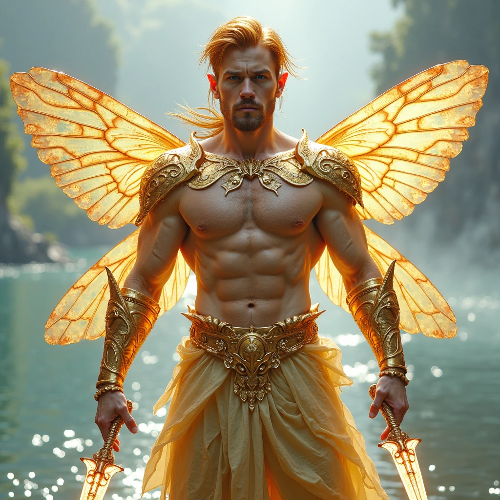 super high resolution, best quality, photo, 4k, (photorealistic: 1.4), cinematic lighting, male fairy with large translucent wings, muscular man, abdominal muscles dressed in medieval golden armor, detailed feathers, male fairy with large translucent wings, muscular man, abdominal muscles dressed in medieval gold armor, detailed feathers, golden environment, portal of the future, 3d light, HD, magic, god of light, backlighting, detailed face, contrasts, smooth skin, soft hands, correct anatomy, five fingers. --auto