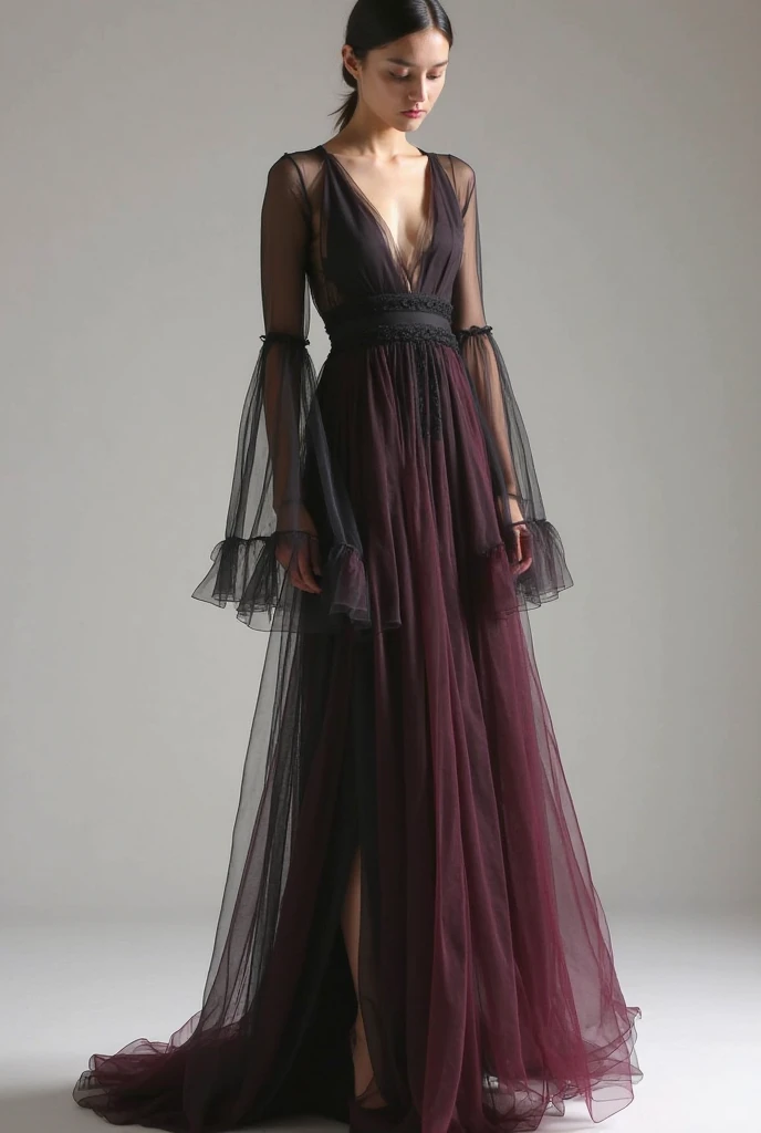 Create a high-resolution image of a sophisticated female model wearing a striking haute couture evening gown that blends modern elegance with classic sophistication. The gown features voluminous, puffed sleeves made of sheer, delicate fabric, adding a dramatic and ethereal flair. It has a plunging deep V-neckline that elegantly accentuates the model's silhouette, creating a bold yet refined look. The skirt of the gown is long and flowing, crafted from layers of luxurious tulle that cascade to the floor, with a high slit on one side, revealing one leg in a sensuous yet graceful manner. The dress showcases a captivating ombré gradient, starting with a deep, rich black at the bodice and transitioning seamlessly into a soft, dusty rose towards the hem, creating a visually stunning effect. The overall design of the dress is a perfect blend of avant-garde fashion and timeless glamour, ideal for a red carpet event or high-fashion runway. The model should stand confidently with an air of elegance and poise, in a luxurious setting with soft, ambient lighting that enhances the intricate details, textures, and the beautiful color transitions of the gown.