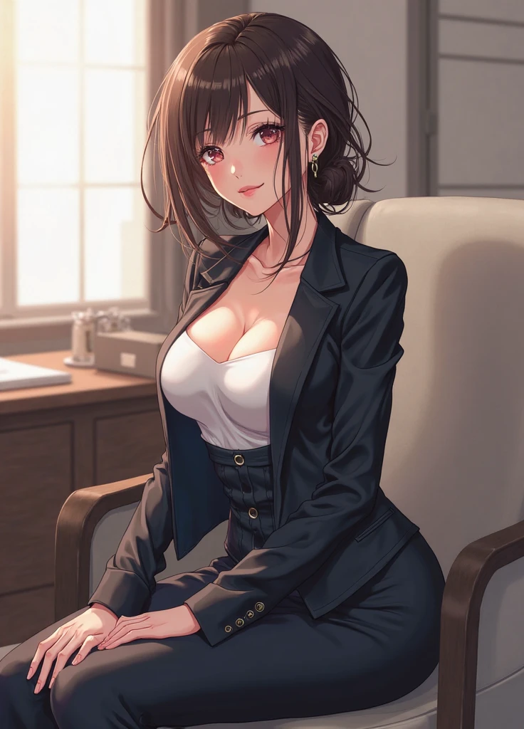 japanese, solo, large breasts, brown hair, bangs, embarrassed, (natural make:1.2), dynamic angle, high res, (photo realistic:1.2), (highly detailed:1.1), desk, Tight skirt business suit, office chair, (computer), detail brassiere, delicate background, bokeh, professional lighting, physically-based rendering, (cowboy shot), cleavage,
