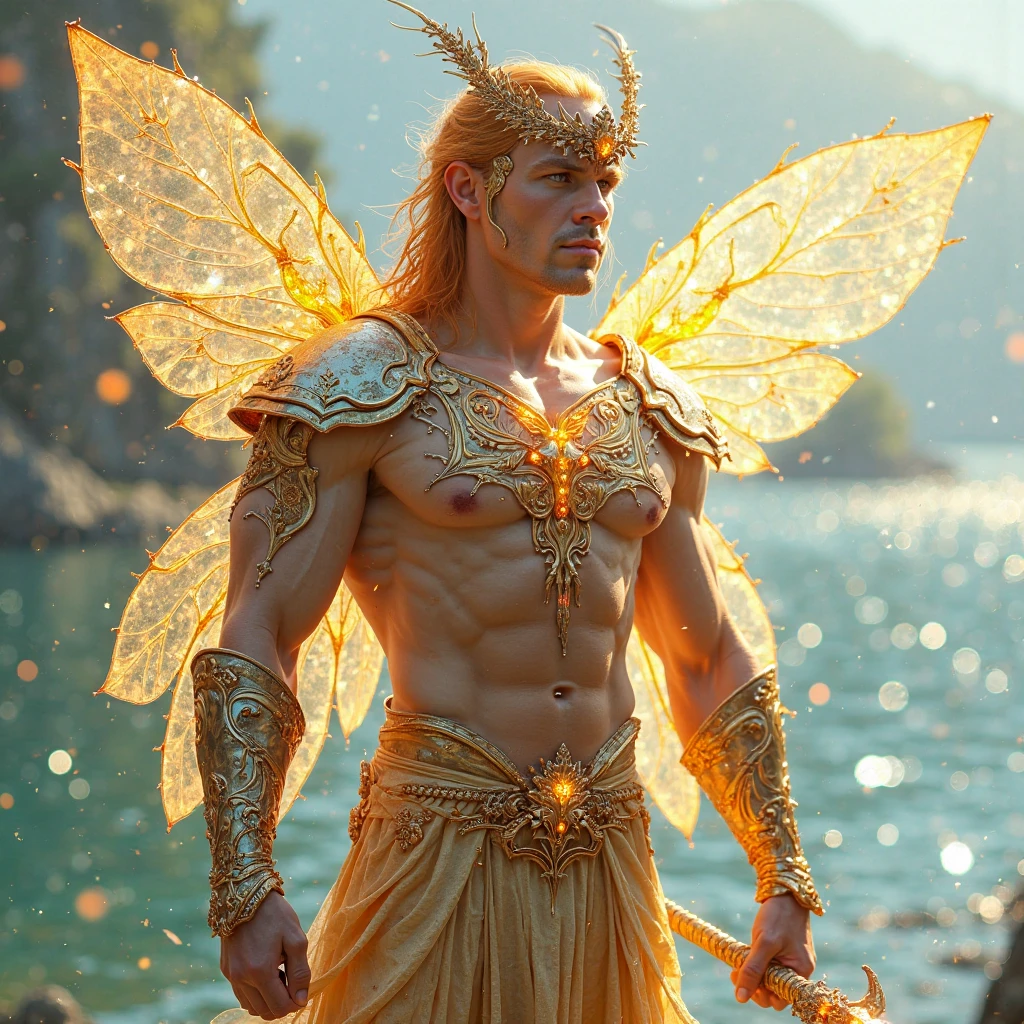 Master piece, best quality,8k ,boy, 17 years old, handsome,cute , sixpack short blonde hair, blue eyes, seductive, white skin, full body, wearing White and yellow transparent cloth made of water, swimwear made of leafs,gold accents, headpiece from Shell, walking on Balinese temple, holding claymore made of golden pickles, point of view from below, fullbody view,make it in marvel comics panel's marvel comics art style