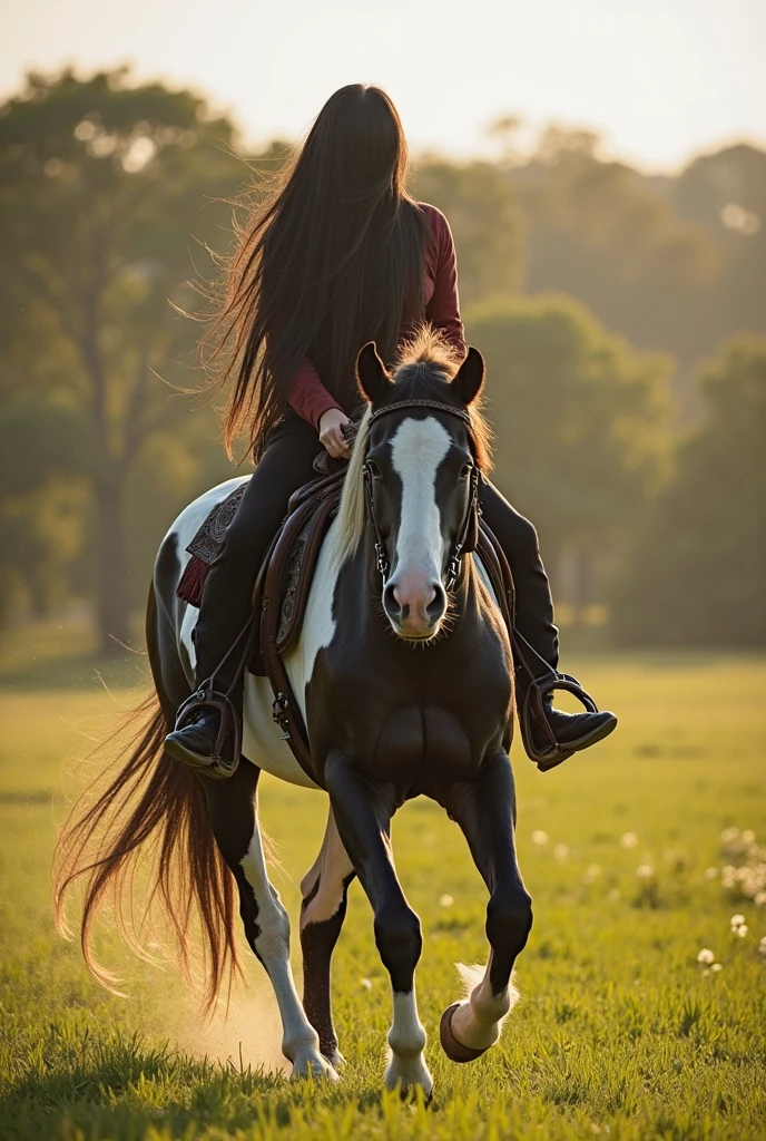 Young woman with long black hair, riding a black and white mare, riding slowly through a green field surrounding the luxurious ranch during the day. She is wearing elegant farm clothes, Cabelos ao Vento, expression of freedom and passion. The mare is strong, with realistic fur. Realistic style, with soft lighting, sunny scenery.