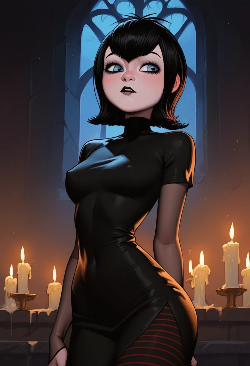 Raven wearing Spidergwen costume, Raven costume, red jewel on forehead, flat chested