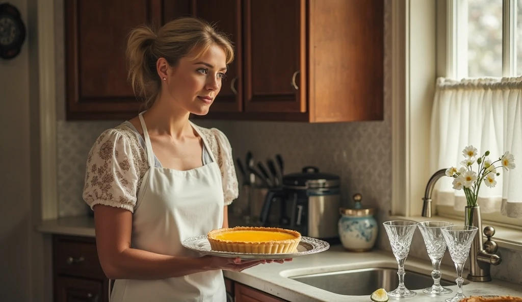 Low angle shot, an athletic honey blonde, wearing a vintage 1960s minidress and chain belt, SixtiesHighFashion, 1960s hairstyle, medium breasts, not exposed, cooking, food pots on a stove in a sunny ((1960s kitchen)), looking away from viewer, beautiful view out the windows, 8 k sensual lighting, warm lighting, 4k extremely photorealistic, cgsociety uhd 4k highly detailed, trending on cgstation