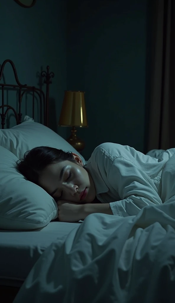 (high quality) masterpiece, a dimly lit room before dawn, a beautiful young woman lying on the bed, faint light coming through the window