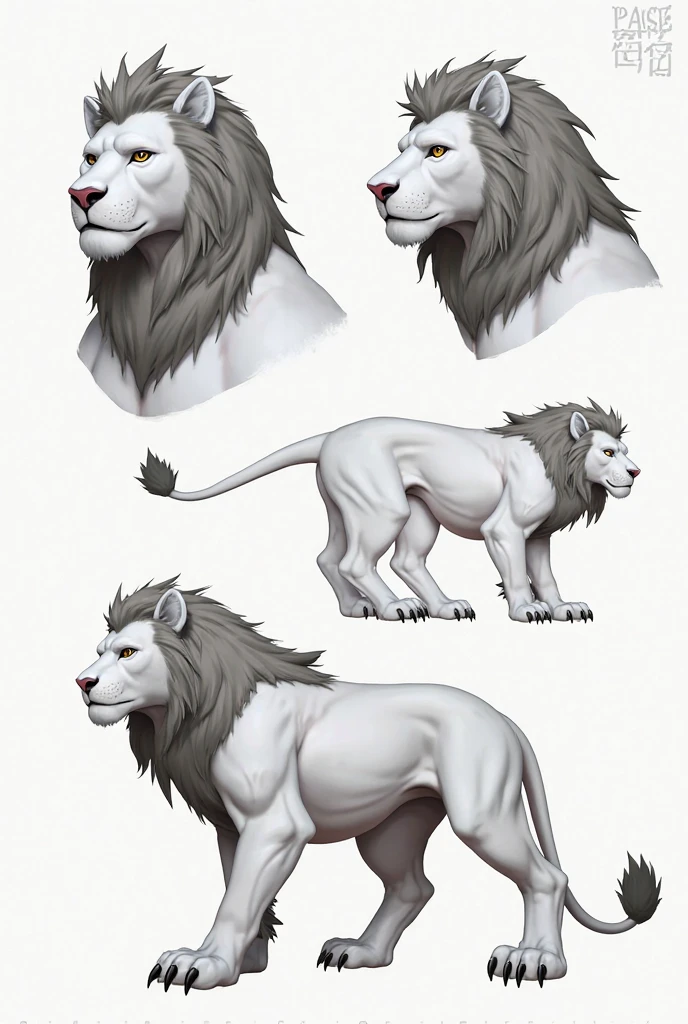 A character reference sheet with multiple poses and expressions of a masculine chubby anthropomorphic chinese foo dog als known as a guardian lion. with large tusks, mane and fluffy tail and an autumn motif. Strong, masculine, mischievous, kind