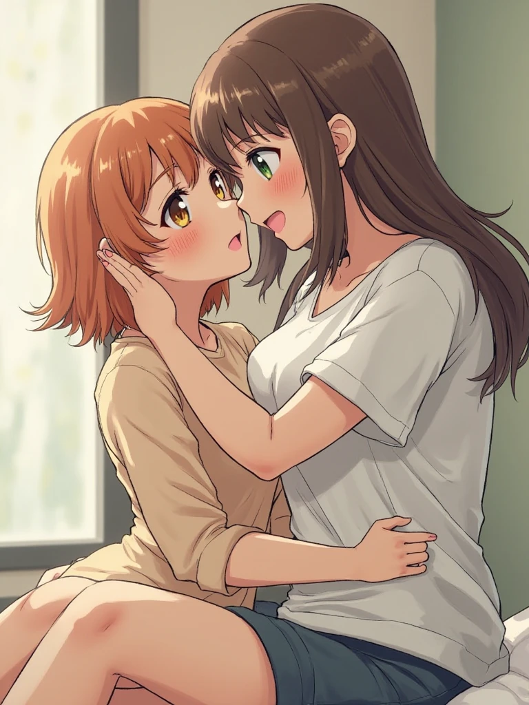 One adult woman, Brown Hair,nude, A woman is in front of a girl, Passionate Embrace, chest face press, sniff the chest, Kiss on the chest, One girl, Redhead, blush, Green Eyes, , indoor, short hair, Open your mouth, White long sleeve shirt, Unbuttoned shirt, Fully open white shirt, Mid-chest, night, Bedroom, Sit on the bed