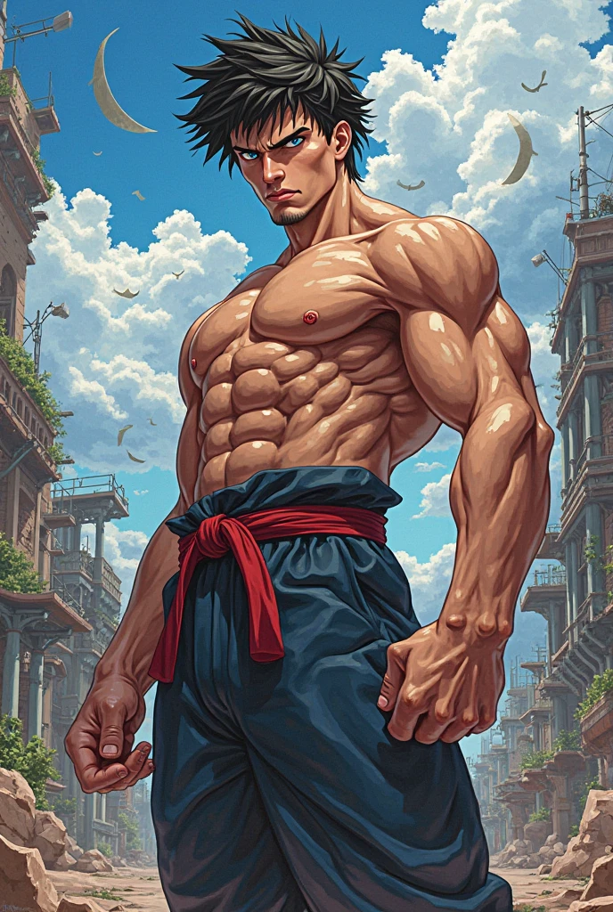 male boy, posing with manga style kung fu pants