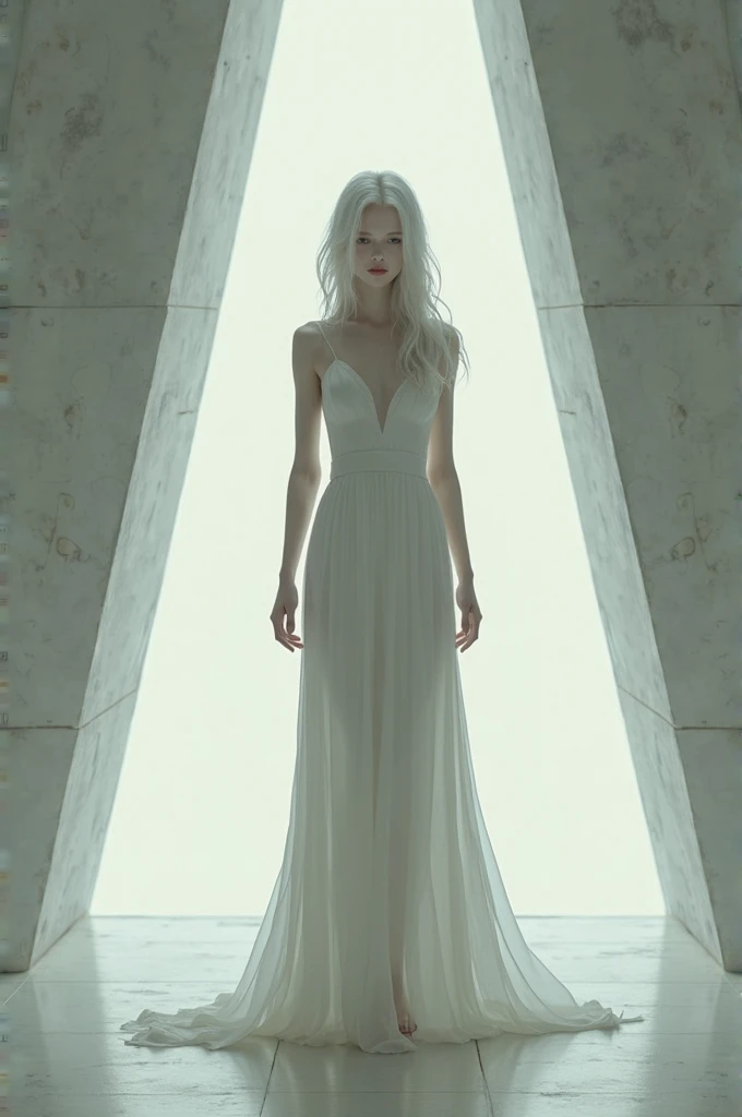 pale skin girl,blonde hair that reaches her hips and red eyes,in a long white dress