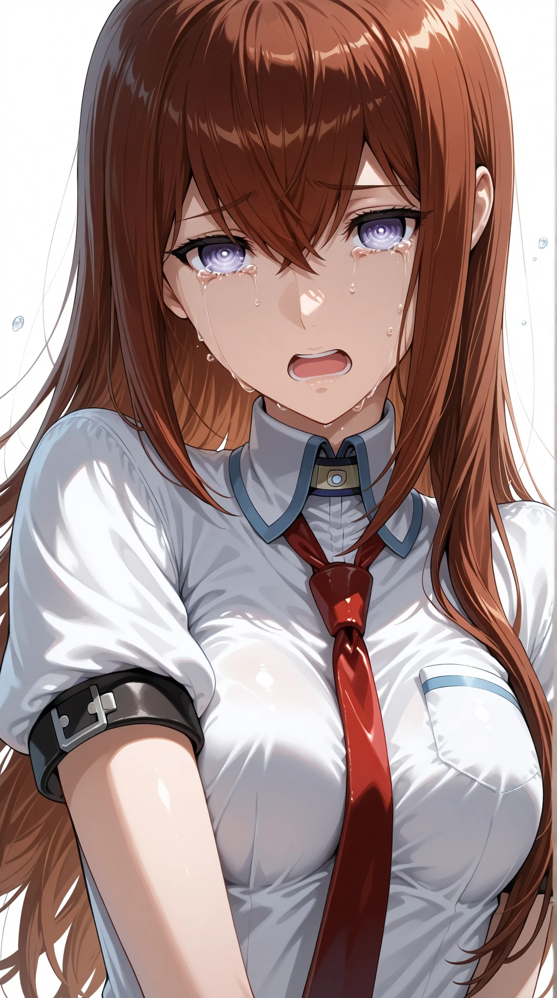anna yanami, best quality, ultra-detailed, high resolution, extremely detailed cg, unity 8k wallpaper, masterpiece, perfect skinny body, anime picture, femsub, depth of field, absurdres, BDSM, shibari, bondage, bound, gag, gagged, tape, tape gag, tears, angry, arms behind back, sitting, school uniform, backyard, storeroom, sitting wooden box, Tape Gag, Tape Bondage, brown hair, brown eyes, long hair, wavy hair, black eye glasses, ahoge, school uniform, white shirt, short sleeves, bow, blue skirt, multiple bows,