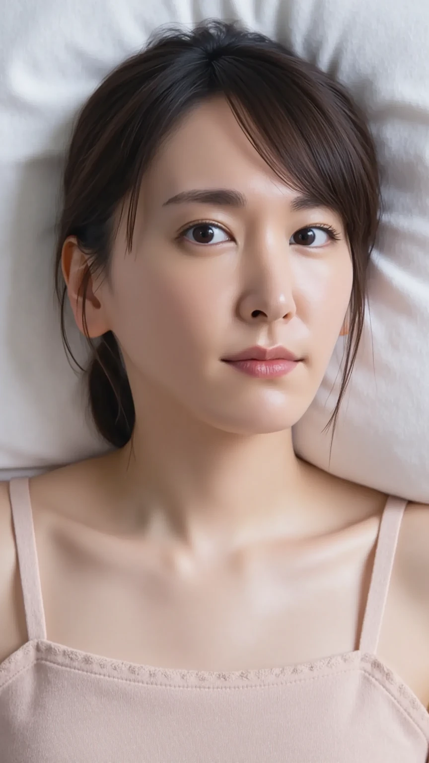 (8k, RAW photo, best quality, masterpiece:1.2), yjnn, 1girl, 3d, asian, bangs, bare_shoulders, bow, bra, chest, brown_eyes, brown_hair, cleavage, grey_background, lips, long_hair, long_sleeves, looking_at_viewer, medium_breasts, navel, nose, off_shoulder, open_clothes, open_shirt, panties, realistic, shirt, solo, stomach, underwear, undressing, upper_body, white_bra, white_panties, white_shirt,Shiny skin, beautiful delicate face, beautiful delicate eyes ,(realistic, photo realistic:1),Lie down on the bed