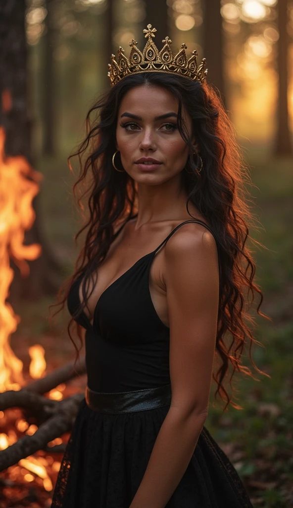 a woman with dark hair standing in front of a fire with large flames all over her body, long hair, looking at viewer,