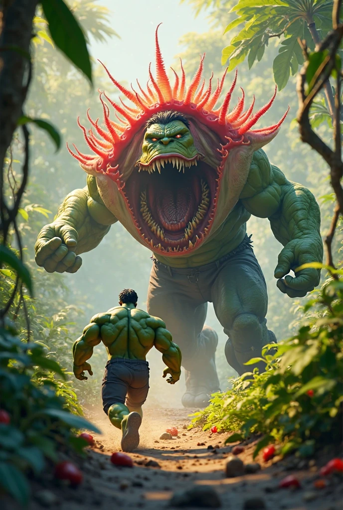 Create an image of a Curupira attacking a hunter
