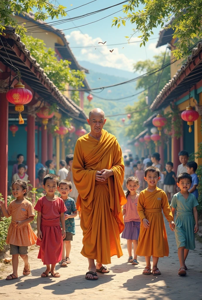 With a smile,Eyebrow beauty,Little monk without hair,The Buddha statue sits in front of the temple and knocks on the wooden fish