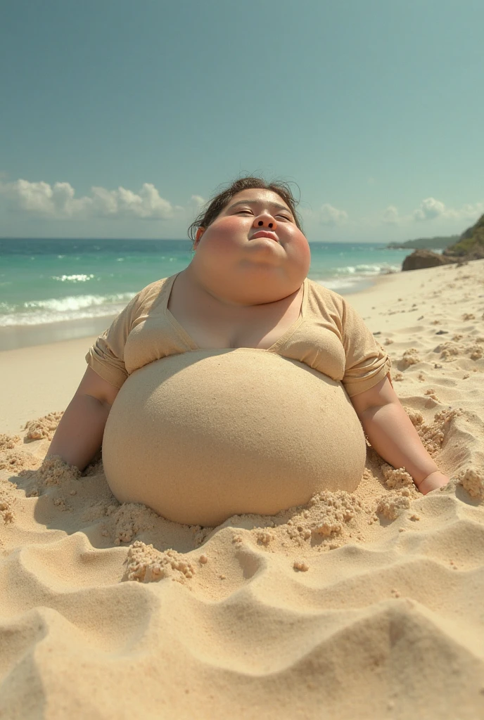 a photo showing overconsumption with a scene on the beach where we see a corpulent teenager eating a big ice cream