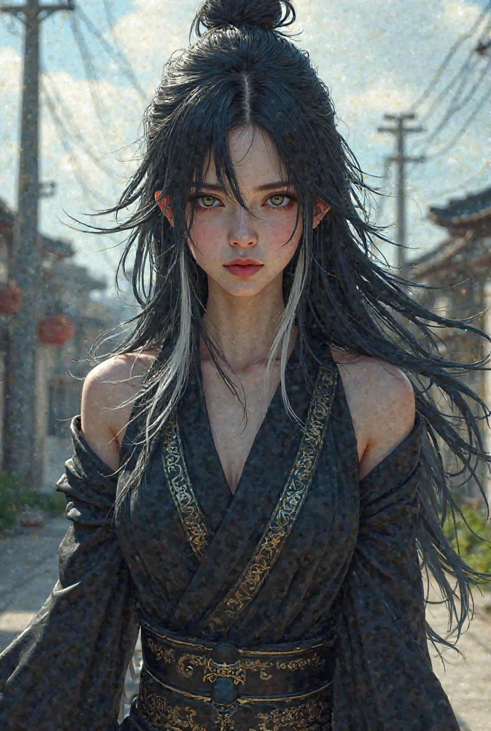 A young Kunoichi, with long straight shiny black hair and no bangs,  with a strong character , white skin, A Jounin Ninja vest, And a pair of black ninja pants, with black ninja sneakers