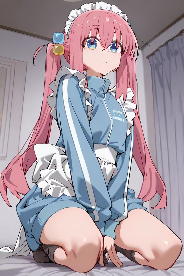 ((Masterpiece)), (Best quality:1.7), (Detailed:1.4), (A high resolution:1.4), 8K, (Colorful:1.5), 2D, high resolution, sharped image, 4K, HD, Five-headed_hitori, 1girll, Solo, Long hair, Pink hair, Blue eyes,Hair over eyes, cube hair ornament,Straight jacket, White upholstered rooms, lying on floor，white stockings，No shoes