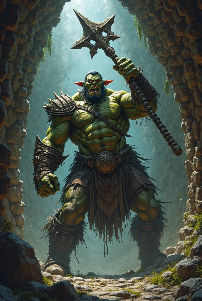 orc fighting with elf on top of abandon fortress, smoking blur, 8K, gesture