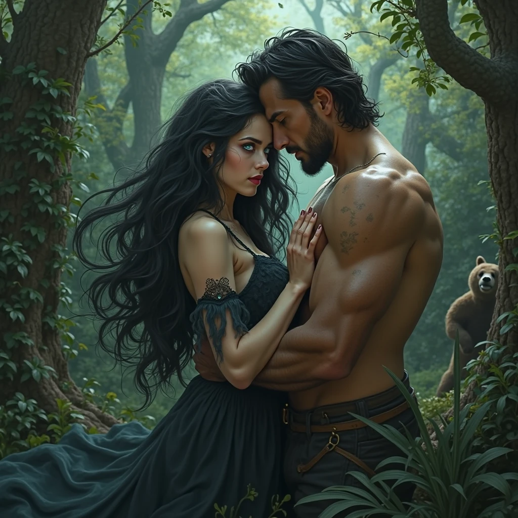 (best quality, highres),sexy werewolf flirting with a woman,romantic moonlit garden,gorgeous detailed eyes and lips, seductive gaze,vibrant colors,soft lighting, enchanting atmosphere,romantic painting style,wolf fur texture,beautifully flowing hair,dark mysterious forest,passionate embrace,desire and seduction, forbidden love,dangerous charm,sensual moonlight dance,dramatic shadows,temptation and transformation,glowing moon,secretive encounter,intense chemistry,breathtakingly beautiful romance