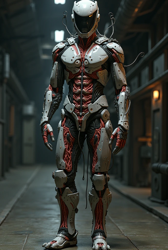 be threatening, Skinless humanoid with mechanical parts on its body, olhando para o espectador com um sorriso distorcido em estilo terror, visto da cinta para cima, Foto realista, 8k, 4k, extreme res, ultra high-resolution, dynamic  lighting