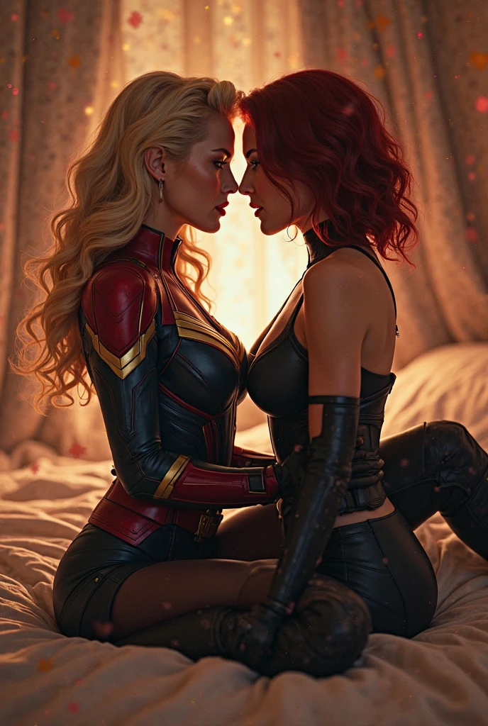 Magik (blonde) and Dark Phoenix (red hair) kissing in bed, photorealistic, 8k, Photo raw, depth of field