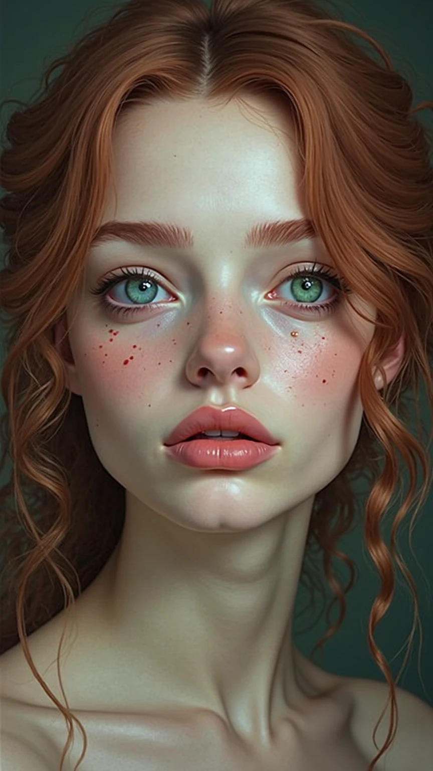 Create an image of a 2 woman with honey eyes, curly red hair, white skin, long shapely legs, wide hips, big breasts, red eyebrows, thin red eyelashes, long perfect lips, fine freckles all over her body, eyes on her cheeks.