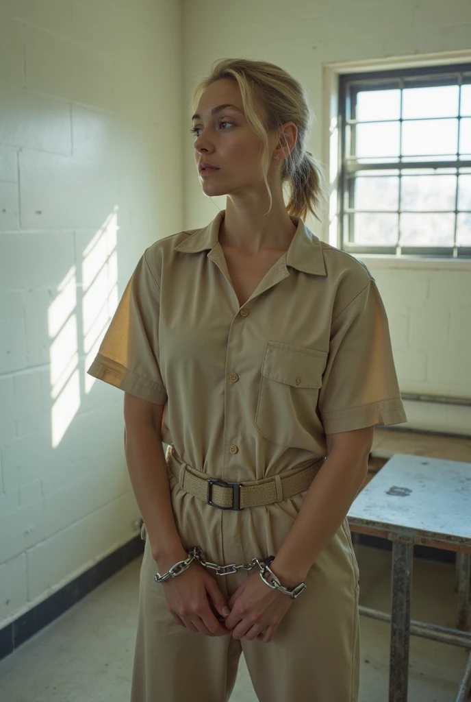 ((fashion photography)), perfect face, perfect eyes, (medium full shot) of (angelic prison inmate) young woman, brazilian, brown eyes, tan skin, tan skin, light brown eyes, lithe, extra long blonde layered cut hair, wearing brown prison uniform with tank top with prisoner number, drawstring pants, plain beanie, white boots, wearing handcuffs, set in prison visitation room, with colorful murals on the walls, toys for children, a vending machine offering snacks and drinks , at sunset, smiling at the viewer, masterpiece, best quality, photorealistic, very aesthetic
