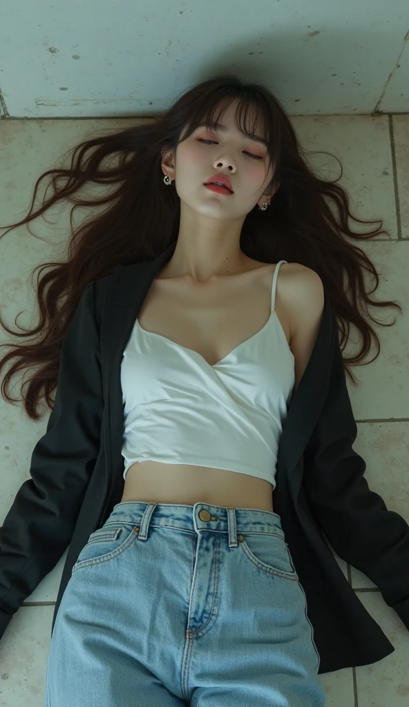 (8K, Highest quality, masterpiece: 1.2), (Realistic, photoRealistic: 1.37), beautiful, Sharp focus :1.2, 完璧な体型のbeautiful女性 :1.4, 1 Girl,Slim Abs :1.2, Hair color is black、Eyes are dark brown、Long Hair、Straight hair、(White long formal shirt)(Unbutton your shirt.), play、takeoff、jeans, 頭の上にhandcuffsをかけられた, handcuffs、please stretch your arms、In the basement, ((jeans))、 Wrist bound,頭の上にhandcuffsをかけられた, Handcuffs,Hanging from the ceiling by both hands