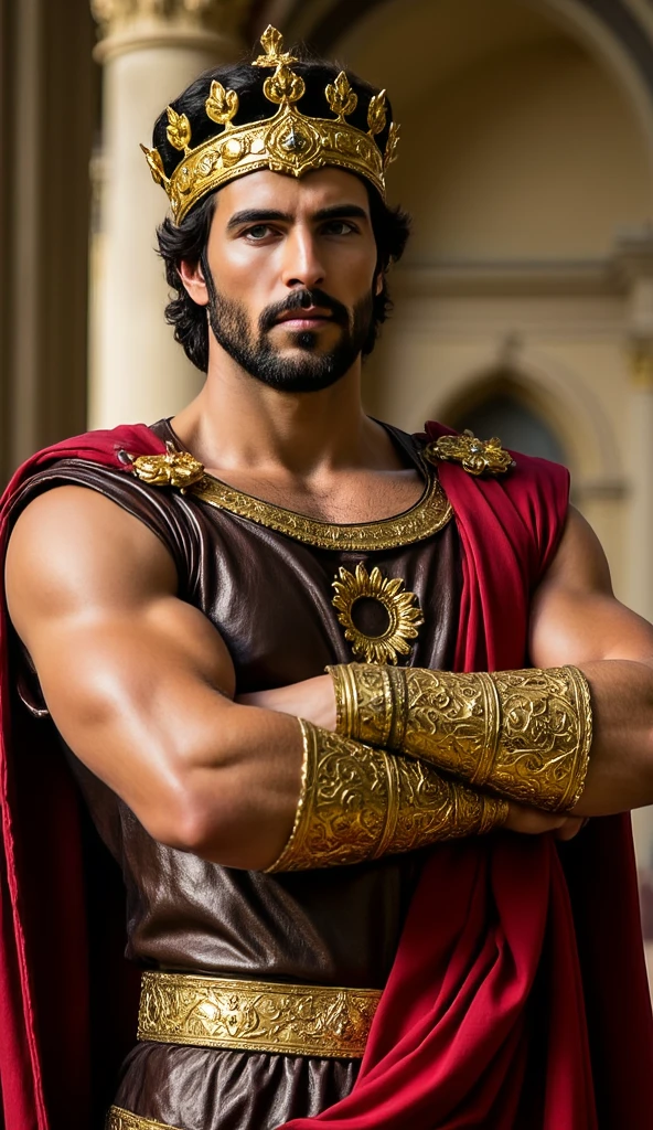 ((artwork)) ((body completo)) ((Full body inside the image)) ((30 year old man)) body: brownish skin, high, muscular, ((body hair)) ((platinum ruby hair)) male face, barbarian, pretty eyes, detailed eyes ((gold eyes)). Expression: seductive, sonrisa seductive. CLOTHES: Red Greek Cape, TOGA BLANCA, gold ornaments, greek prince ornaments. pose: dynamic. scene: greek temple, Greek columns. Decor: winter, Decor de winter brillante, wonderful lighting. 