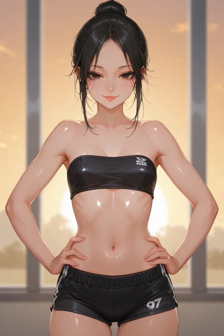 1girl,a beautiful fashion model ,(masterpiece, detailed background, best quality), elegant makeup, hoop earrings, seductive smile, oral invitation, ear blush, full blush, 8k, super detail, ccurate, best quality, award winning, best quality, 1080P, 4K, textured skin, slutty outfit, abs, ((tan skin, shiny skin)), akali, long black hair, long ponytail, hair between eyes, blue eyes, girl wearing bikini top and shorts, visible thong straps slender, athletic, slim, big , smokey eyes